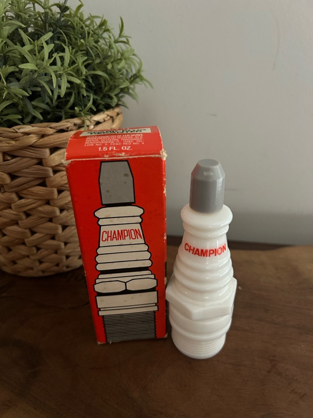 AVON CHAMPION White and Gray Vintage Spark Plug Cologne Bottle Full Wild Country